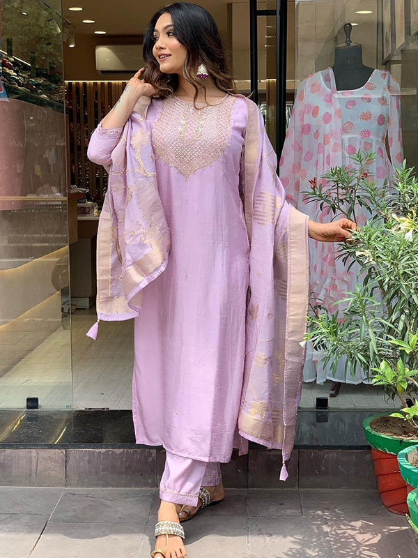 Embroidered Lavender Viscose Kurti With Pant & Dupatta Set