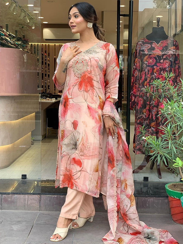 Peach Organza Printed Kurti With Pant & Dupatta Set