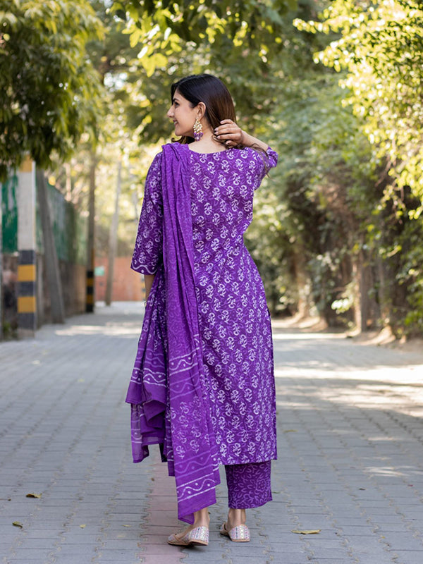 Purple Cotton Printed Kurti With Pant & Dupatta Set