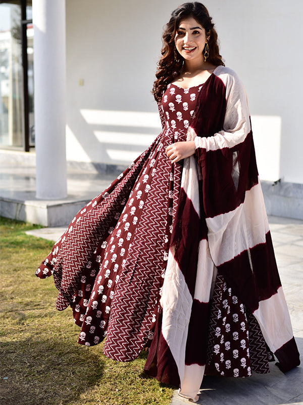 Coffee Maroon Anarkali Gown With Dupatta Set – Niharika Jaipur