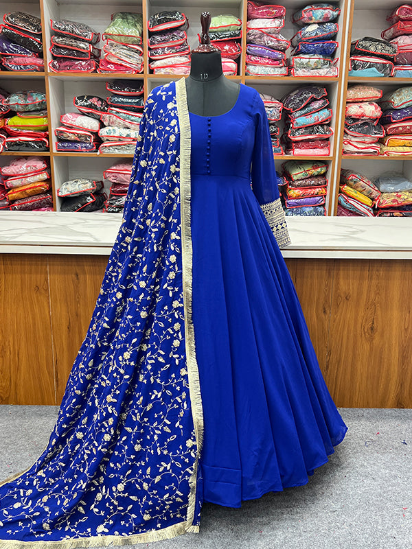 Royal Blue Anarkali Georgette Gown With Golden Dupatta Set
