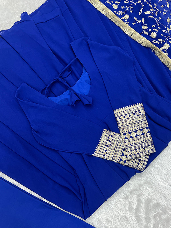 Royal Blue Anarkali Georgette Gown With Golden Dupatta Set