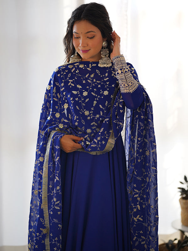 Royal Blue Anarkali Georgette Gown With Golden Dupatta Set
