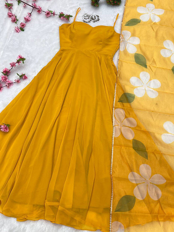 Yellow Georgette Plain Gown With Printed Dupatta Set