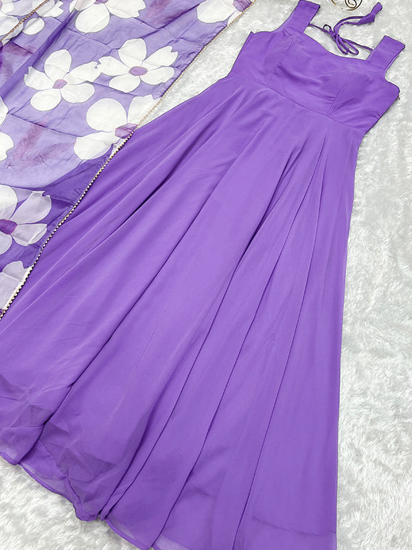 Lavender Georgette Plain Gown With Printed Dupatta Set