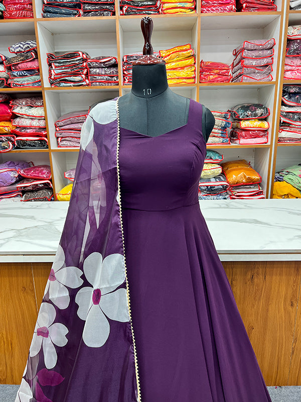 Purple Georgette Plain Gown With Printed Dupatta Set