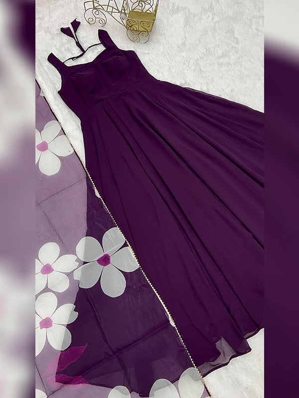 Purple Georgette Plain Gown With Printed Dupatta Set