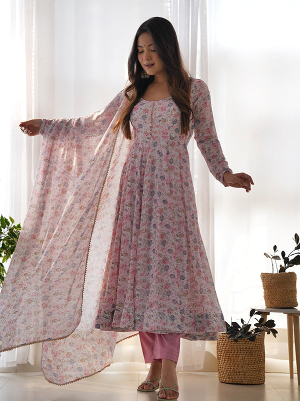 Pink Fulwari Organza Printed Anarkali Kurti With Pant & Dupatta Set