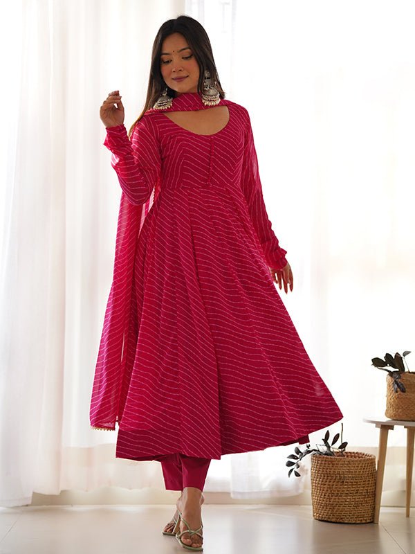 Pink Lining Printed Anarkali Kurti With Pant & Dupatta Set