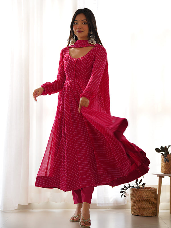 Pink Lining Printed Anarkali Kurti With Pant & Dupatta Set