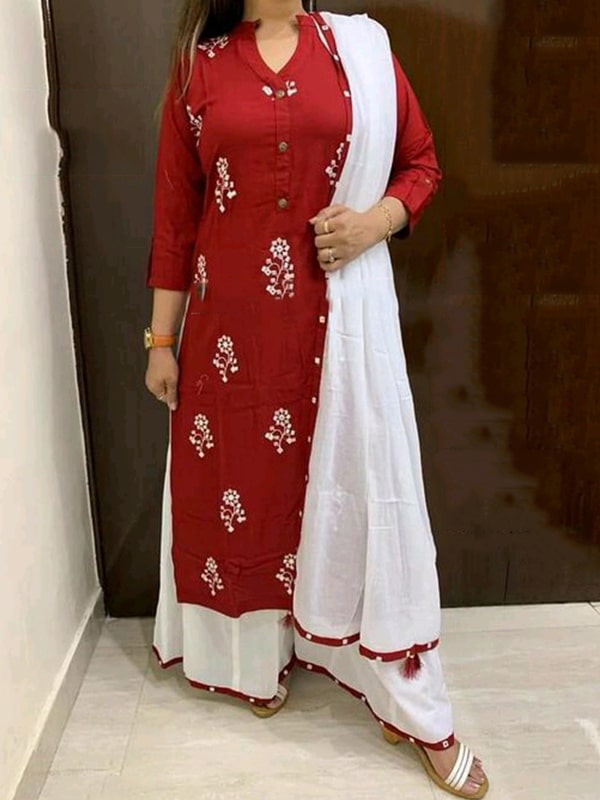 Maroon Rayon Embroidered Kurti With Palazzo