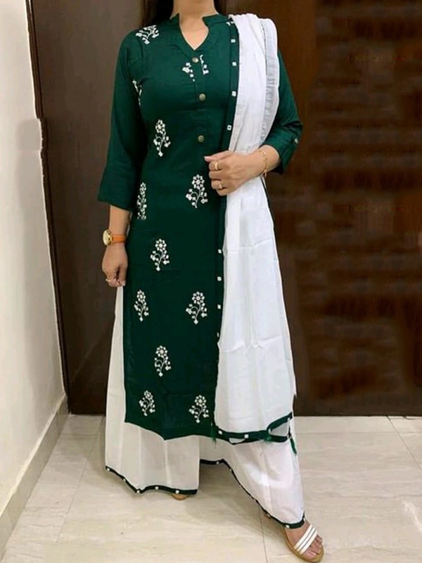 Dark Green Rayon Embroidered Kurti With Palazzo