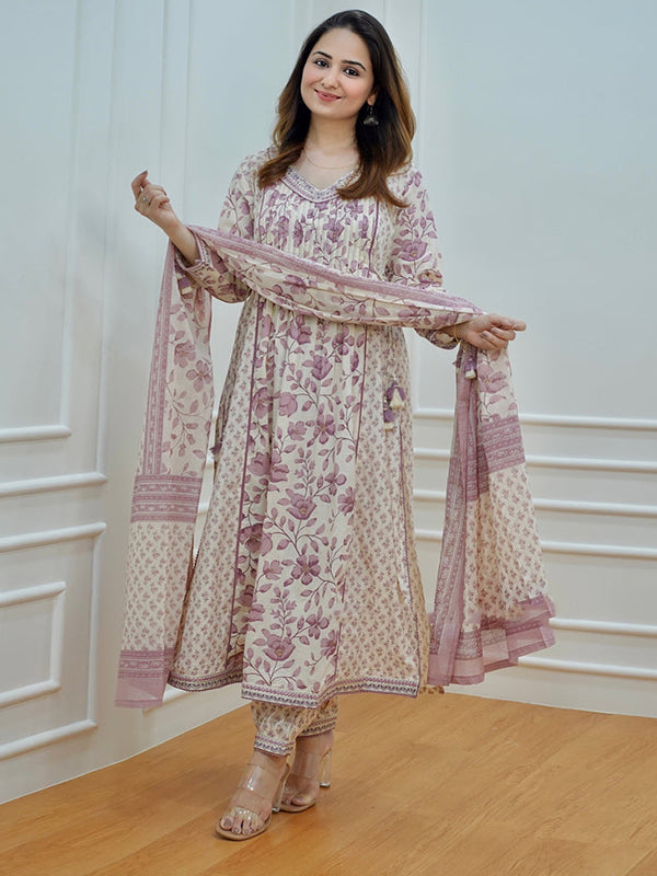 Lilac Cotton Afghani Kurti With Pant & Dupatta Set